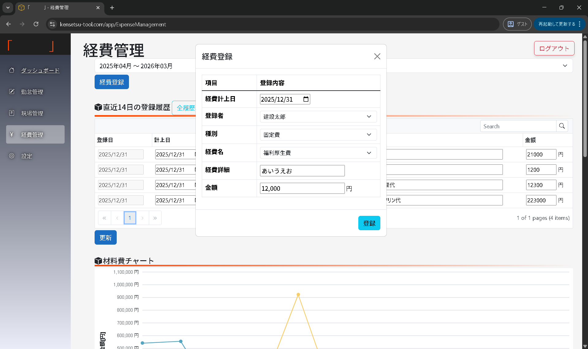 現場別データを一覧表示する管理画面