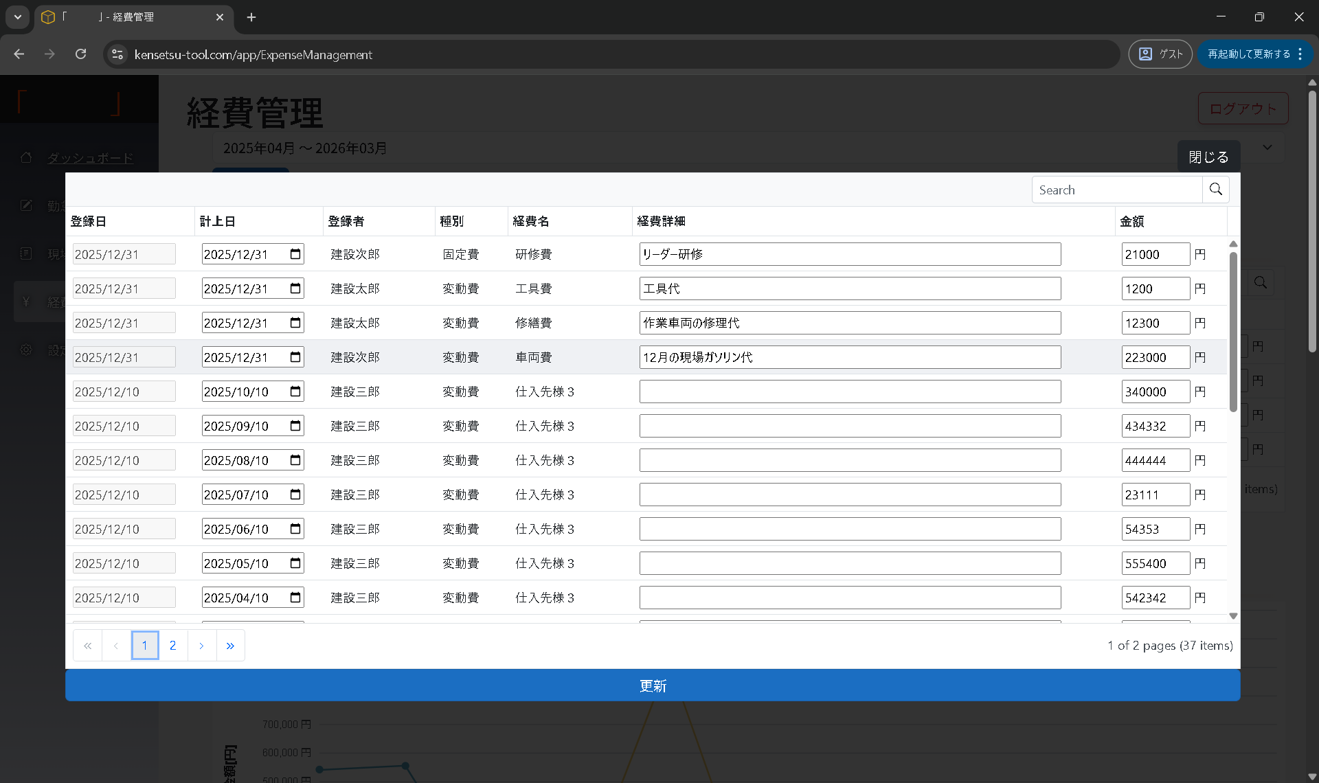 現場の進捗状況と数値を確認できる画面