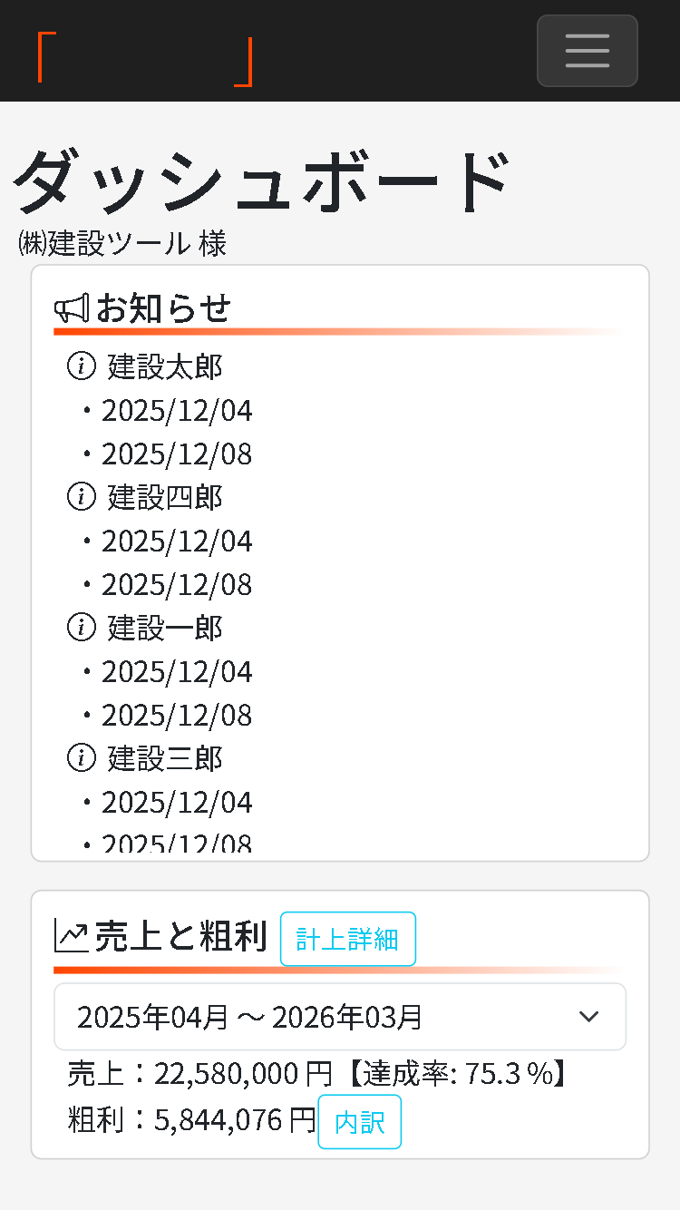 スマホで確認できる原価管理ダッシュボード画面