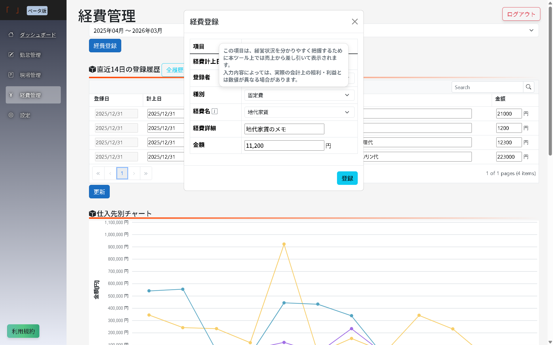 経費管理 詳細 PC画面